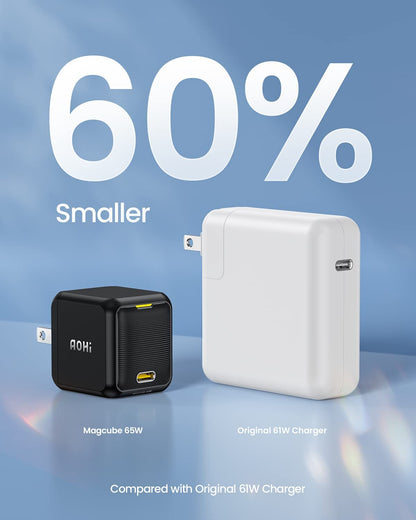 65W PD USB C Charger, Gan+ Magcube Fast Wall Charger Power Adapter with 4Ft USB C LED Display Cable for Notebook Macbook Pro/Air, Galaxy, for Iphone 15/14/Plus/Pro Max/13/12, Black