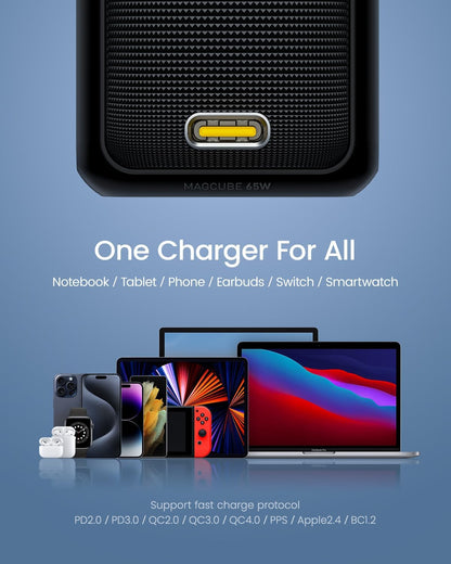 65W PD USB C Charger, Gan+ Magcube Fast Wall Charger Power Adapter with 4Ft USB C LED Display Cable for Notebook Macbook Pro/Air, Galaxy, for Iphone 15/14/Plus/Pro Max/13/12, Black
