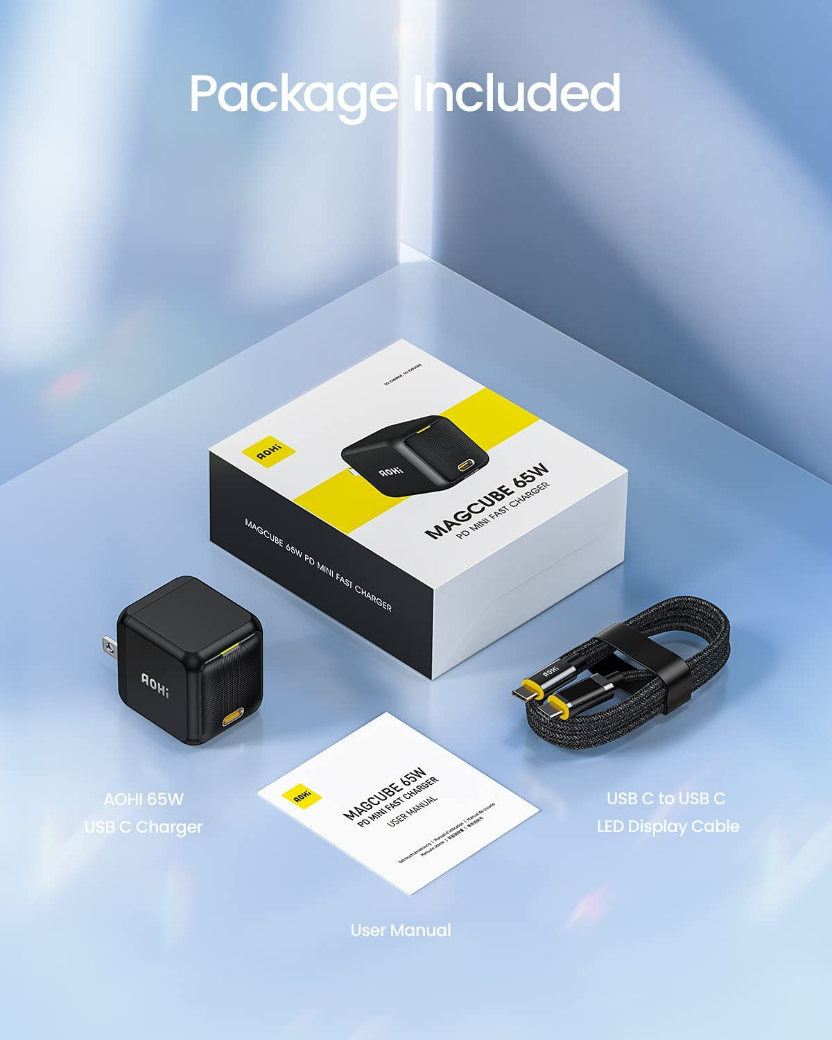 65W PD USB C Charger, Gan+ Magcube Fast Wall Charger Power Adapter with 4Ft USB C LED Display Cable for Notebook Macbook Pro/Air, Galaxy, for Iphone 15/14/Plus/Pro Max/13/12, Black